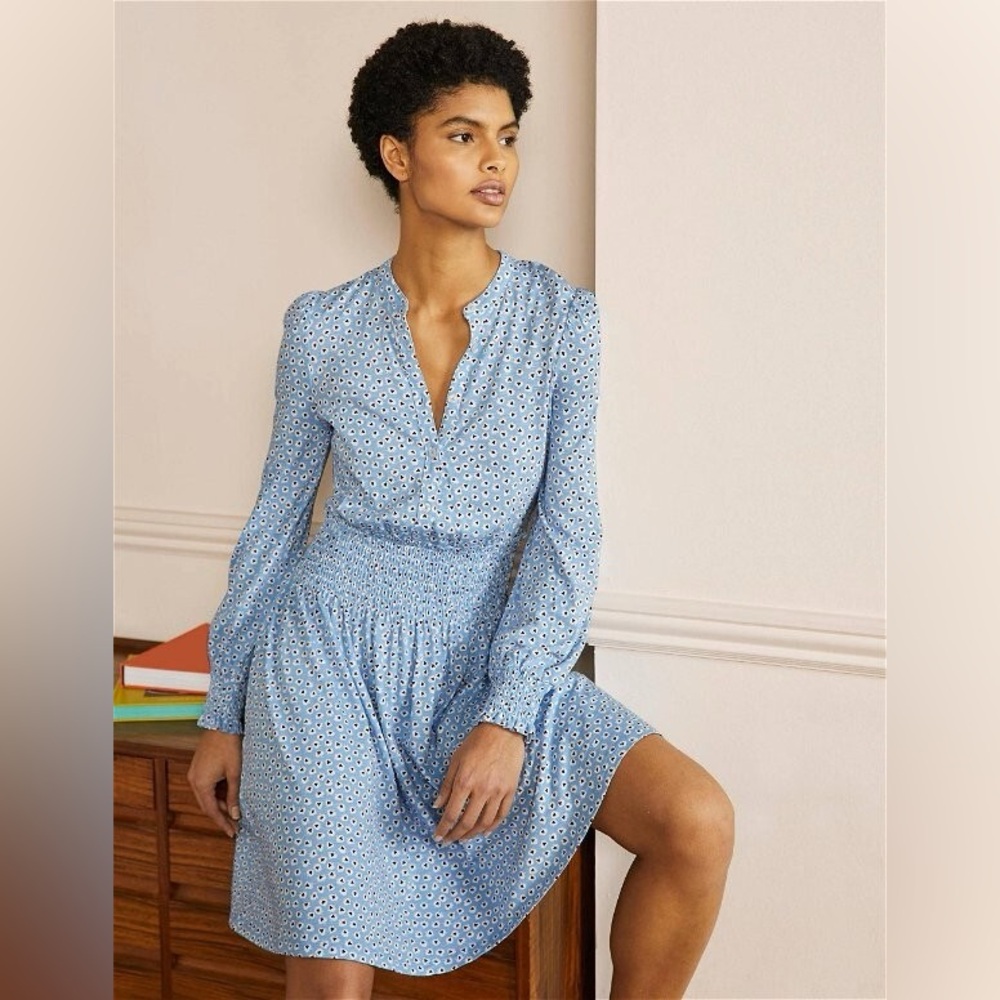 Boden Light Blue Floral Long-Sleeve Smocked-Waist Dress